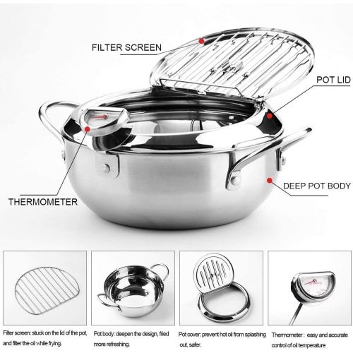  GENRICE Deep Fryer Pot, 304 Stainless Steel Tempura Fryer with Temperature Control and Lid Japanese Style Uncoated Frying Pan for Kitchen Cooking (9.8*6in 3.3 Quart)