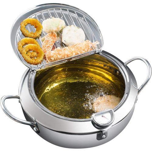  GENRICE Deep Fryer Pot, 304 Stainless Steel Tempura Fryer with Temperature Control and Lid Japanese Style Uncoated Frying Pan for Kitchen Cooking (9.8*6in 3.3 Quart)