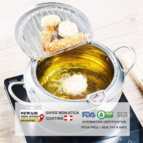  GENRICE Deep Fryer Pot, 304 Stainless Steel Tempura Fryer with Temperature Control and Lid Japanese Style Uncoated Frying Pan for Kitchen Cooking (9.8*6in 3.3 Quart)