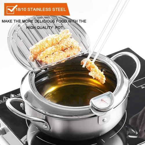  GENRICE Deep Fryer Pot, 304 Stainless Steel Tempura Fryer with Temperature Control and Lid Japanese Style Uncoated Frying Pan for Kitchen Cooking (9.8*6in 3.3 Quart)
