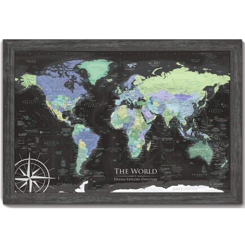  GeoJango World Map Wall Art - Large Framed Pin Board Map includes 100 map pins