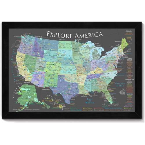  GeoJango USA Push Pin Travel Map - Slate Edition - 30x20 inch map + frame - Designed by a Professional Geographer (Masters in Environmental Science)