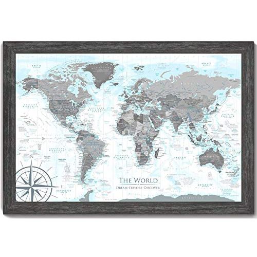  GeoJango World Map in Black and White with ocean elevations in light blues - Use as a Wall Map or Push Pin Map - Framed Map - Designed by a Professional Geographer