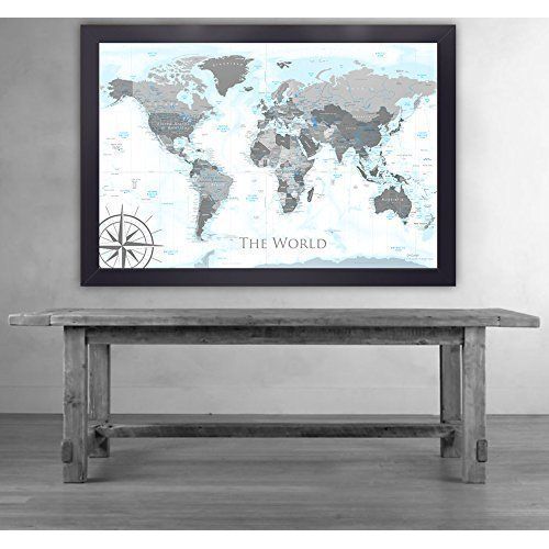  GeoJango World Map in Black and White with ocean elevations in light blues - Use as a Wall Map or Push Pin Map - Framed Map - Designed by a Professional Geographer