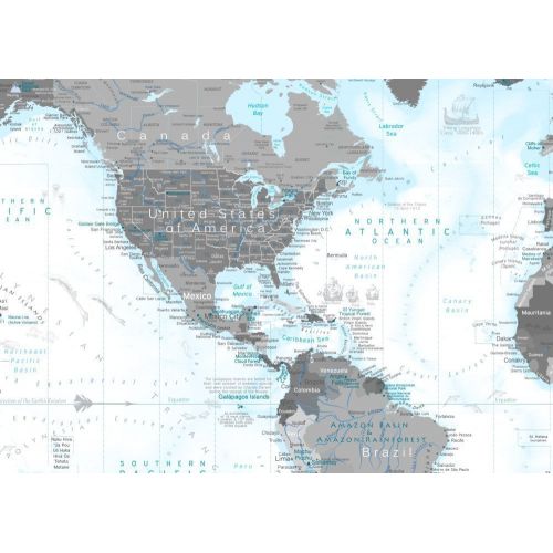  GeoJango World Map in Black and White with ocean elevations in light blues - Use as a Wall Map or Push Pin Map - Framed Map - Designed by a Professional Geographer