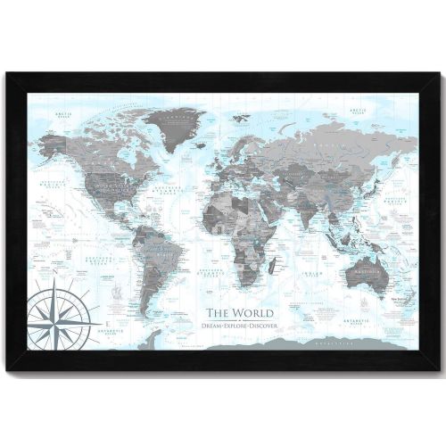  GeoJango World Map in Black and White with ocean elevations in light blues - Use as a Wall Map or Push Pin Map - Framed Map - Designed by a Professional Geographer