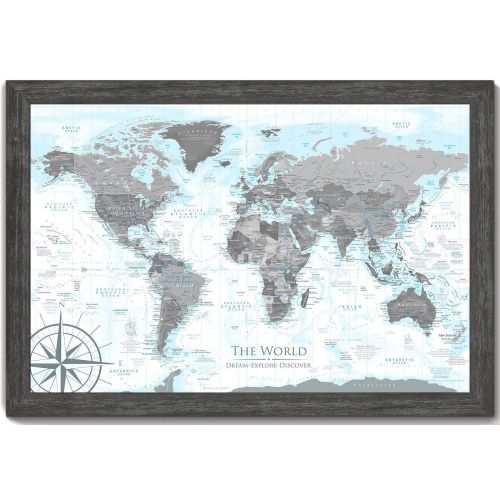  GeoJango World Map in Black and White with ocean elevations in light blues - Use as a Wall Map or Push Pin Map - Framed Map - Designed by a Professional Geographer