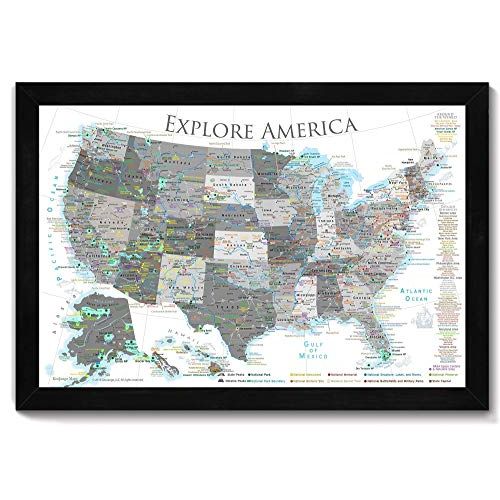 GeoJango National Parks Push Pin Map - USA Travel Map - Large Framed Push Pin Map - Black and White Edition - Includes 100 map pins