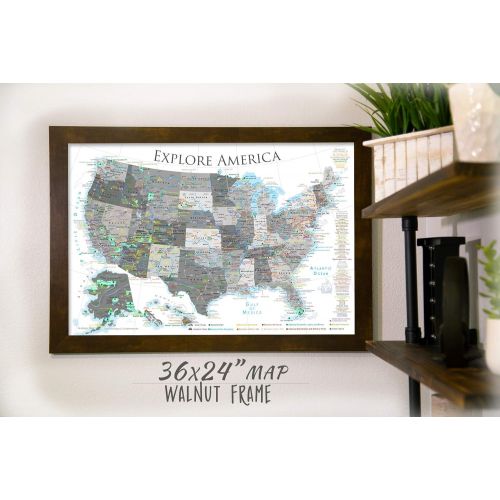  GeoJango National Parks Push Pin Map - USA Travel Map - Large Framed Push Pin Map - Black and White Edition - Includes 100 map pins