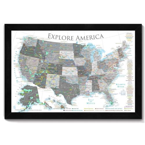  GeoJango National Parks Push Pin Map - USA Travel Map - Large Framed Push Pin Map - Black and White Edition - Includes 100 map pins