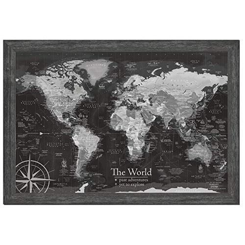  GeoJango World Map Push Pin Framed, Black and White, Use as a Wall Map or Push Pin Map - Professional Cartography