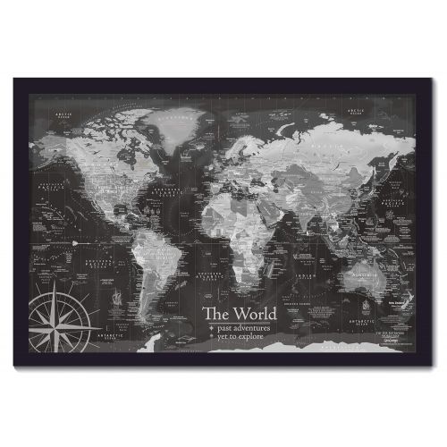  GeoJango World Map Push Pin Framed, Black and White, Use as a Wall Map or Push Pin Map - Professional Cartography