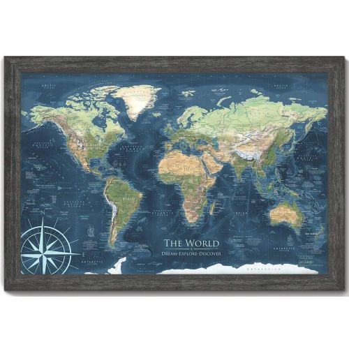  GeoJango World Map Push Pin - Voyager 1 World Map - Mounted on Pin Board and Framed - Created by a Professional Geographer