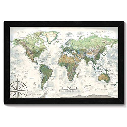  GeoJango Canvas Pin Board World Map - The Nautilus World Map - 30x20 inch Map Size + Frame - Created by a Professional Geographer (Masters in Environmental Science)