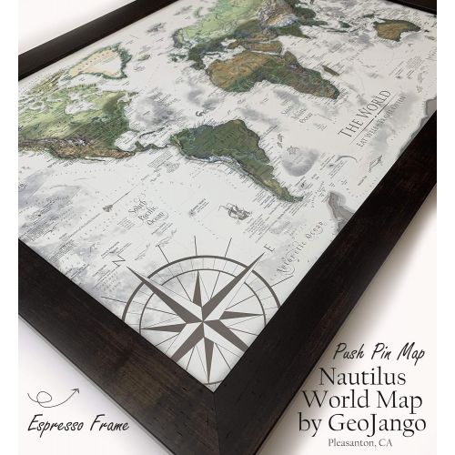  GeoJango Canvas Pin Board World Map - The Nautilus World Map - 30x20 inch Map Size + Frame - Created by a Professional Geographer (Masters in Environmental Science)