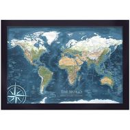 GeoJango Canvas World Map with Exterior Frame - Voyager 2 World Map - Framed Push Pin Map