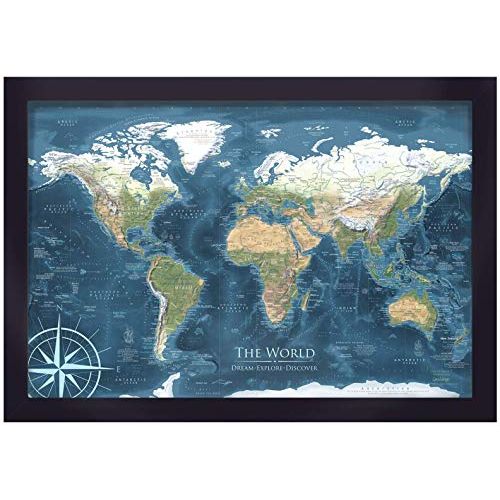  GeoJango Canvas World Map with Exterior Frame - Voyager 2 World Map - Framed Push Pin Map