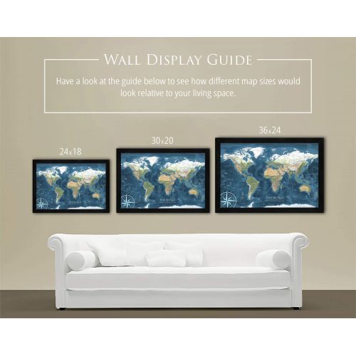  GeoJango Canvas World Map with Exterior Frame - Voyager 2 World Map - Framed Push Pin Map