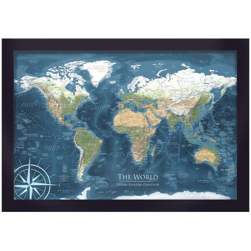  GeoJango Canvas World Map with Exterior Frame - Voyager 2 World Map - Framed Push Pin Map