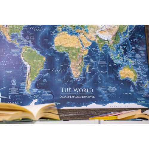  GeoJango Canvas World Map with Exterior Frame - Voyager 2 World Map - Framed Push Pin Map