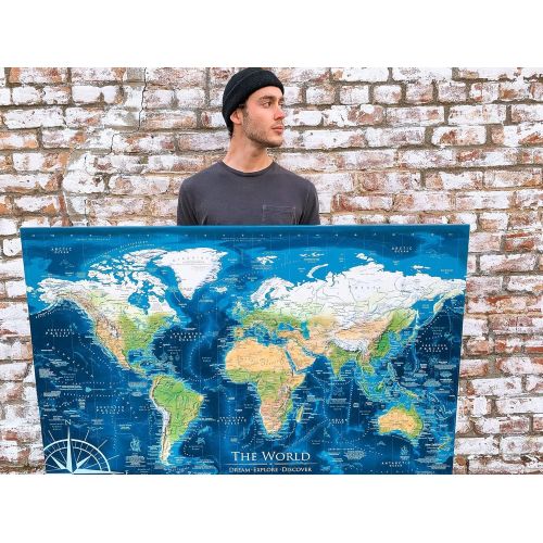  GeoJango Canvas World Map with Exterior Frame - Voyager 2 World Map - Framed Push Pin Map