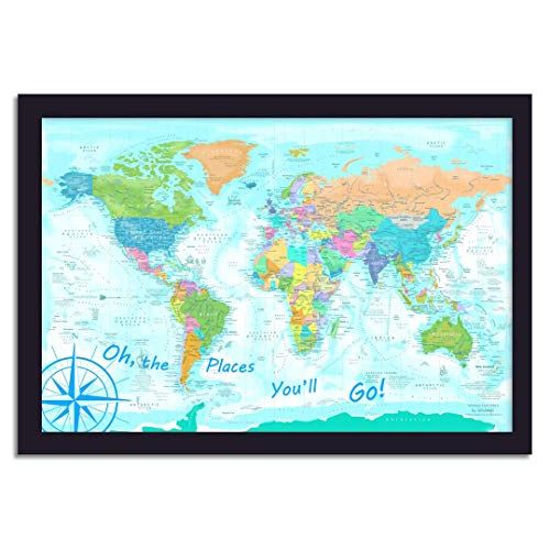  GeoJango Push Pin World Map - Explorer 1 World Map - Large World Map beautifully framed - Use as a Wall Map or Pin Board Map