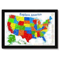 GeoJango USA Map for Kids | Pin Map or Wall Map | Framed map on foam core | Includes 100 map pins | Size: 24x18 inch map + Frame