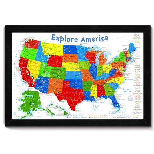  GeoJango USA Map for Kids | Pin Map or Wall Map | Framed map on foam core | Includes 100 map pins | Size: 24x18 inch map + Frame