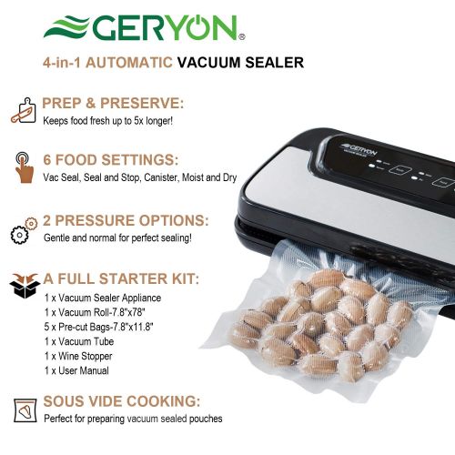  GERYON Vacuum Sealer, Automatic Compact Food Sealer Machine with Starter Bags & Roll, Hose and Wine Stoper for Food Savers and Sous Vide, Black