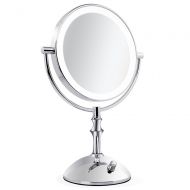 GF Wood 8 Inch Desktop Makeup Mirror 2-Face Metal Mirror 3 X 5X 10X Magnifying Cosmetic Mirror Led Lamp Adjust The Brightness,10X