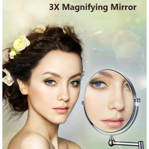  GGMIN Wall Mount Makeup Mirror, Telescopic 3X Magnifying Mirror, Double Sided Bathroom Mirror, Stainless Steel for Spa and Hotel,Bright Silver_8 inches