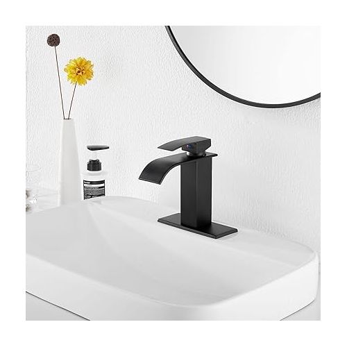  Matte Black Bathroom Faucet GGStudy Waterfall Bathroom Sink Faucet Deck Mount Single Handle 1 Hole Bathroom Vanity Faucet with Pop Up Drain