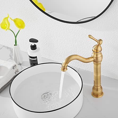  GGStudy 360° Swivel Antique Brass Bathroom Vessel Sink Faucet Single Handle One Hole Matching with Pop Up Drain