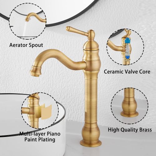  GGStudy 360° Swivel Antique Brass Bathroom Vessel Sink Faucet Single Handle One Hole Matching with Pop Up Drain