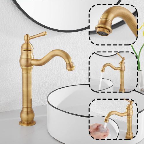  GGStudy 360° Swivel Antique Brass Bathroom Vessel Sink Faucet Single Handle One Hole Matching with Pop Up Drain