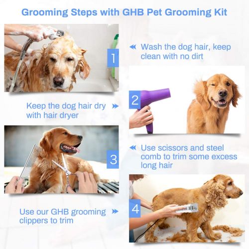  GHB Electric Pet Clippers Cordless Dog Grooming Clippers Set Low Noise Animal Hair Trimmer Cutter Kit with Sharp Blades Comb Guides Scissors for Dog Cat Rabbit