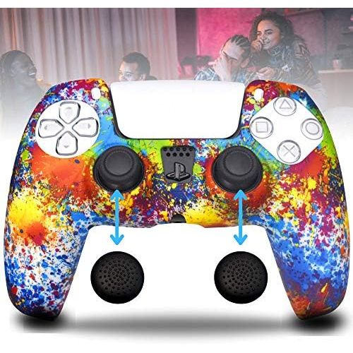  [아마존베스트]GHMS PS5 Wireless Playstation 5 Controller Silicone Cover Case Accessory Protective Remote Grip Skin with x2 Thumb Grips (Rainbow Splatter)