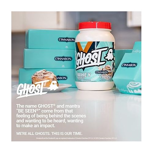  GHOST Whey Protein Powder, Cinnabon - 2LB Tub, 25G of Protein - Cinnamon Roll Flavored Isolate, Concentrate & Hydrolyzed Whey Protein Blend - Post Workout Shakes - Soy & Gluten Free