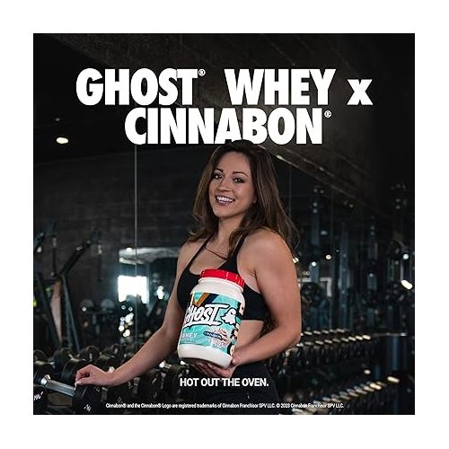  GHOST Whey Protein Powder, Cinnabon - 2LB Tub, 25G of Protein - Cinnamon Roll Flavored Isolate, Concentrate & Hydrolyzed Whey Protein Blend - Post Workout Shakes - Soy & Gluten Free