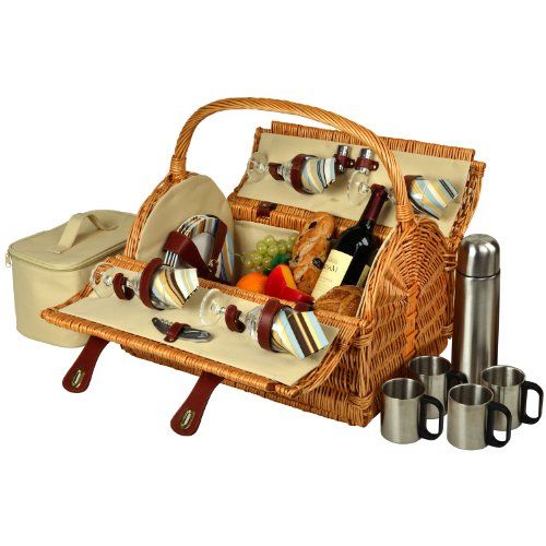  GIFTS PLAZA (D) York Picnic Basket for 4 with Coffee Set, Bag for Outdoor (Green Stripes)