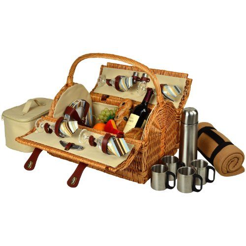  GIFTS PLAZA (D) York Picnic Basket for 4 with Blanket and Coffee Set for Outdoor (Green)