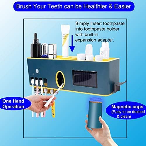  GIK Health Toothbrush Holder Set with Toothpaste Dispenser Squeezer for Bathroom Wall Mounted,UV Sanitizer for Kids Adults Electric Toothbrush Organizer Storage Rack with UVC LED Light,Steril