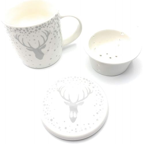  GILDE Tee Set Tasse Sieb Deckel Hirsch Design 3 TLG Potzellan Weiss