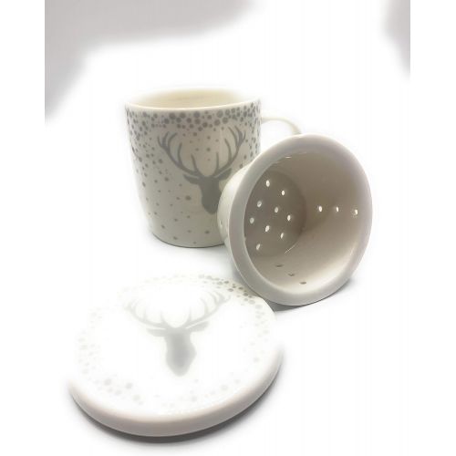  GILDE Tee Set Tasse Sieb Deckel Hirsch Design 3 TLG Potzellan Weiss