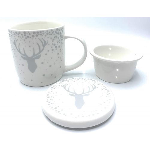  GILDE Tee Set Tasse Sieb Deckel Hirsch Design 3 TLG Potzellan Weiss