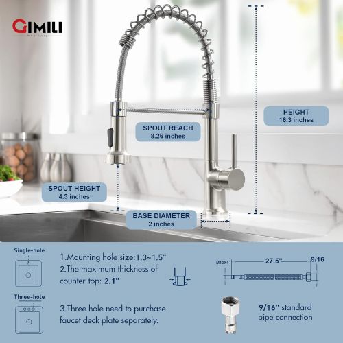  GIMILI Kitchen Faucet with Pull Down Sprayer Commercial Single Handle Lever Spring Kitchen Sink Faucet Brushed Nickel