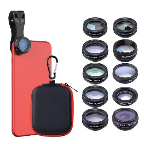  GIORAL 10 in 1 Cell Phone Camera Lens Kit Wide-Angle&Macro Lens+Fisheye Lens+Telephoto Lens+CPLFlowRadialStar Filter+Kaleidoscope 36 Lens for iPhone Samsung Most Smartphones