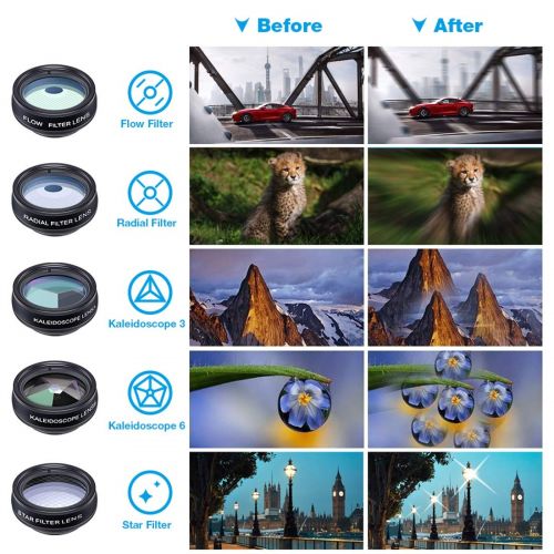  GIORAL 10 in 1 Cell Phone Camera Lens Kit Wide-Angle&Macro Lens+Fisheye Lens+Telephoto Lens+CPLFlowRadialStar Filter+Kaleidoscope 36 Lens for iPhone Samsung Most Smartphones