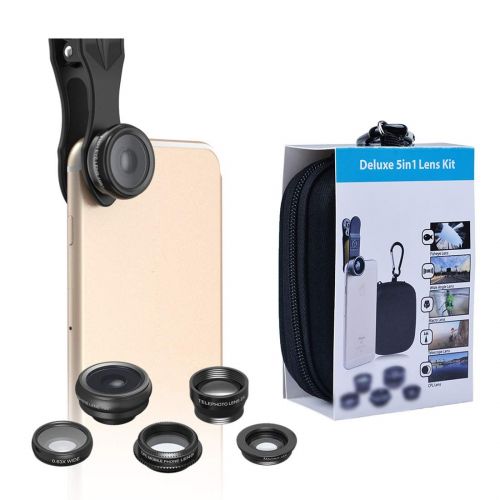 GIORAL 5 in 1 Smartphone Camera Lens Kit Wide-Angel Lens+Macro Lens+Fisheye Lens+Telephoto Lens+CLR Lens for Most Smartphone and Tablet