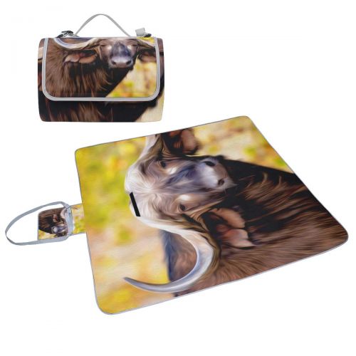  GIRLOS Oil Painting of African Buffalo Sunset Picnic Mat 57（144cm） x59（150cm） Picnic Blanket Beach Mat with Waterproof for Kids Picnic Beaches and Outdoor Folded Bag